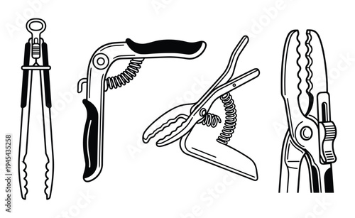 Set of garden pruning shears and tongs, outline drawing of gardening tools