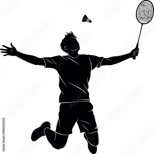 Silhouette of a man playing badminton with racket