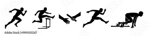Set of black athletic silhouettes depicting track and field events like sprinting, hurdling, relay race baton pass, and starting from blocks in a dynamic graphic style