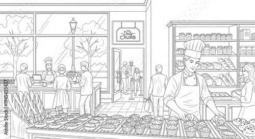 Bakery interior with chef preparing pastries and customers in background illustrating a cozy food shopping experience