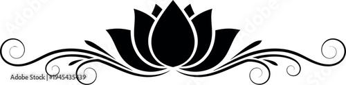 Black lotus flower decorative design element with swirling lines