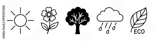 Set of black nature and ecology icons including a sun, flower, tree, rain cloud, and eco leaf symbol in a minimalist line art and solid silhouette graphic style illustration