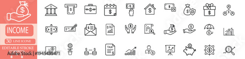 money and income line icon featuring banking finance investment, profit growth tax document savings more vector illustration or editable stroke.