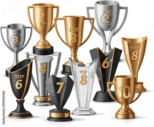 Isolated a realistic kinds of deferent Top 10 ten award cup symbol 3d render vector art with white background..