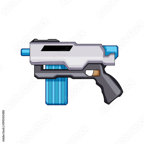 Cartoon plastic dart blaster in grey, white and blue, playful toy weapon for imaginative childrens games and safe pretend battles, isolated vector illustration