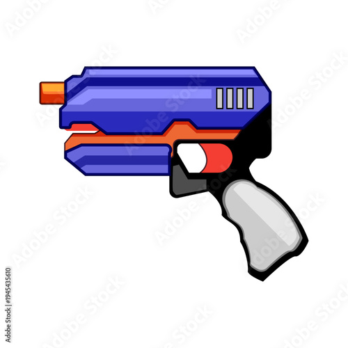 Iconic style illustration depicting a vibrant purple and orange foam dart blaster toy, designed for children engaged in creative play and entertainment, against a clean white background