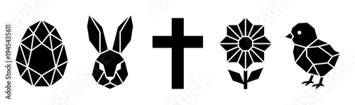 Set of black Easter icons including a geometric egg, rabbit, Christian cross, flower, and chick in a modern, minimalist style for religious and spring holiday celebrations