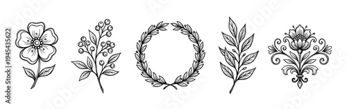 Hand-drawn black and white floral elements collection featuring a flower, berry branch, laurel wreath, leafy sprig, and an ornate damask-style ornament in a vintage sketch style