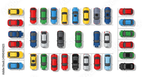 Collection of toy cars arranged in rows top view.