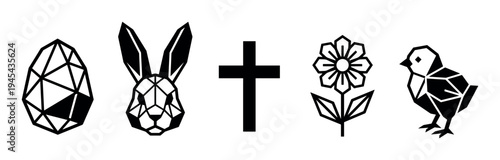 Set of black Easter icons including a geometric egg, rabbit, and chick with a Christian cross and a flower, representing spring and religious holiday themes in a minimalist style