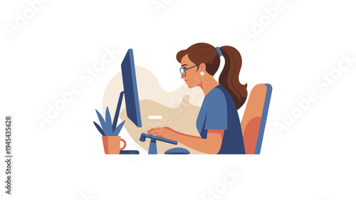 A woman sitting at a desk working on a computer with a plant nearby in a modern office setting.