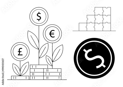 Financial growth concept. Financial symbolism with currency plants investment and growth. Financial puzzle monetary solutions and economic strategies. Suitable for business, banking, investments