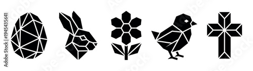 Black geometric Easter symbols in a row, featuring a low-poly egg, rabbit head, flower, chick, and a Christian cross in a modern minimalist graphic style