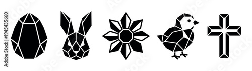 Set of black geometric Easter icons including a faceted egg, bunny, flower, chick, and cross in a modern low-poly style illustration for holiday design elements