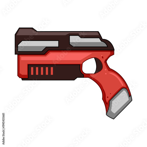Stylized foam dart blaster toy in red and black, playful vector illustration conveying childhood fun, harmless action play, game and adventure on white background