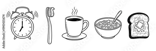 Hand-drawn morning routine doodle illustrations featuring a ringing alarm clock, toothbrush, steaming coffee mug, cereal bowl, and buttered toast in a simple black line art style