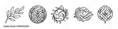 Set of five elegant black line art icons featuring stylized leaves, branches, swirls, and water elements for a minimalist and organic aesthetic