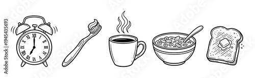 Set of five black lineart morning routine icons featuring an alarm clock, toothbrush, coffee, cereal, and toast with butter, illustrated in a simple hand-drawn doodle style
