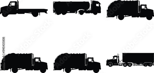 Variety of truck silhouettes in black, including flatbeds, tankers, and garbage trucks, suitable for illustrating logistics and heavy transport.