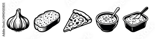 Collection of five distinct food illustrations features a garlic bulb, garlic bread, a pizza slice, and two bowls of dipping sauce in a bold, graphic, black and white style