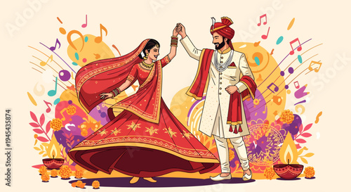 Happy indian wedding couple dancing together during traditional marriage celebration vector illustration