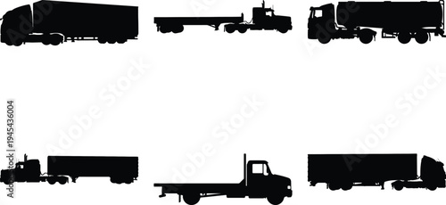 Collection of six truck silhouettes, including semi-trucks, flatbeds, and tankers, presented in black on a white background for versatile use.