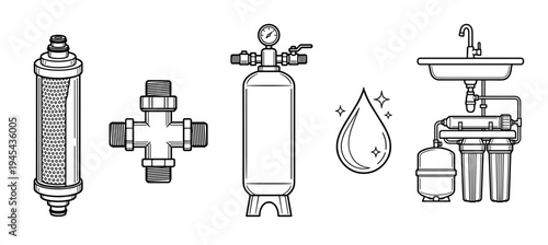 Water filtration system components line art icons set showing a reverse osmosis unit, pressure tank, cartridge, pipe fitting, and a clean water drop symbol