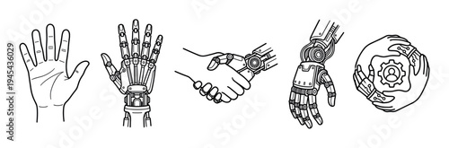 Human and robotic hands line art icon set showing partnership, future technology, and artificial intelligence concepts in a simple black and white sketch illustration style