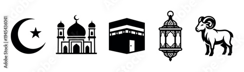 Black silhouette icons of Islamic religious symbols including a crescent moon, mosque, Kaaba, lantern, and ram for Eid al-Adha and Ramadan celebrations