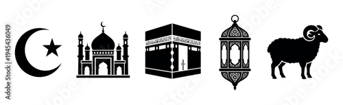 Collection of black Islamic religious symbols for Ramadan and Eid al-Adha, including a crescent, mosque, Kaaba, lantern, and sheep, presented as a set of minimalist silhouette icons