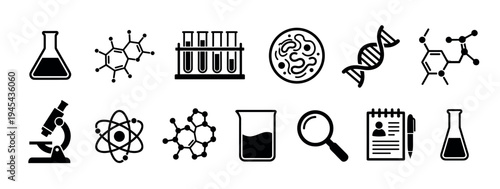Set of black science icons for laboratory research, including a microscope, flask, DNA, atom, and molecule symbols in a minimalist flat vector style