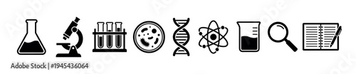 Collection of black scientific research icons representing biology, chemistry, and physics with symbols like a microscope, DNA, atom, and laboratory glassware in a clean vector style