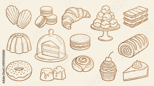 A variety of delicious baked goods and desserts, including cakes, pastries, and cookies, beautifully illustrated in a sketch style on a clean background.