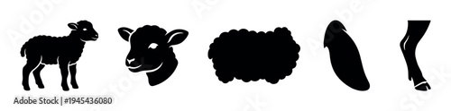 Black silhouette icon set of a lamb and its body parts including the head, wool fleece, ear, and leg, presented as a simple graphic collection for farm or meat concepts