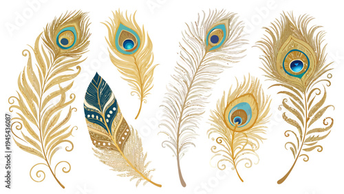 Golden accent peacock feather vector collection on white background with blue eyespots