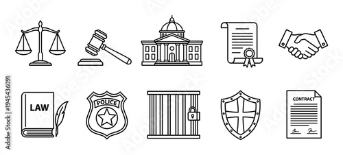 Set of law and justice icons in a simple black outline style featuring a courthouse, gavel, scales, police badge, jail, contract, and handshake for legal concepts