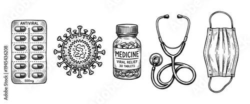 Collection of hand-drawn medical illustrations featuring antiviral pills, a virus cell, a medicine bottle, a stethoscope, and a surgical mask in a detailed black and white engraving style