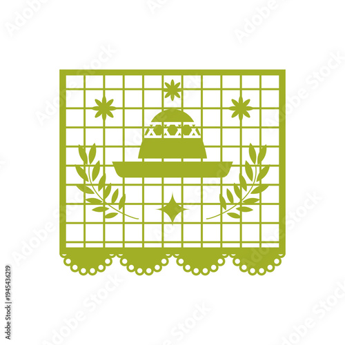 Illustrating a vibrant green papel picado, this folk art design showcases a classic sombrero and decorative olive branches, perfect for celebrating mexican culture and festive occasions