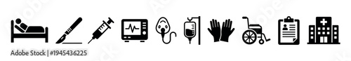 Set of black solid medical icons showing hospital elements like a patient in bed, scalpel, syringe, ECG monitor, oxygen mask, IV drip, wheelchair, and clinic building