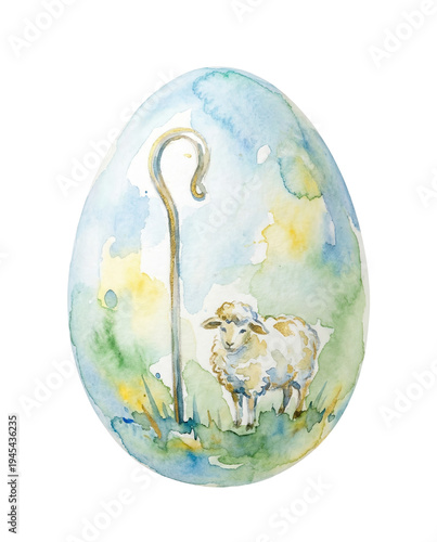 Watercolor Easter Egg with Lamb and Shepherd's Crook
