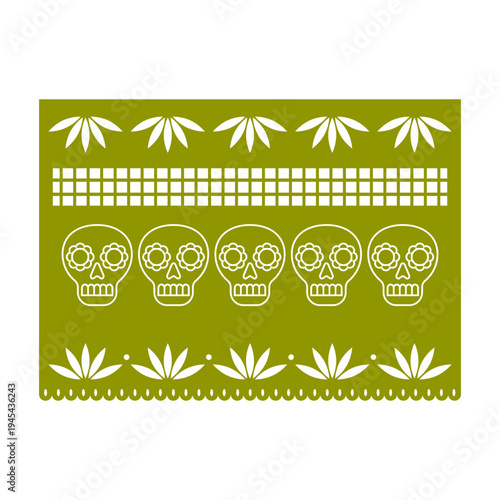 Papel picado banner displaying traditional mexican folk art motifs including sugar skulls, floral patterns, and intricate geometric designs, celebrating dia de muertos
