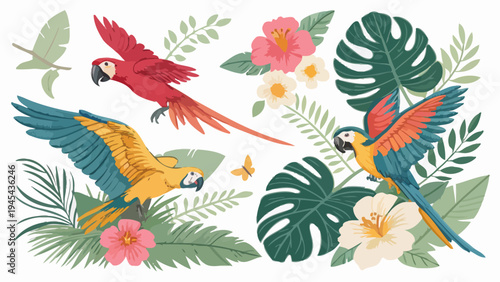Vibrant parrots flying and perched among tropical leaves and flowers in jungle