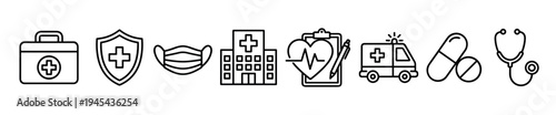 Set of black line art medical icons for healthcare concepts, featuring a first aid kit, shield, mask, hospital, health chart, ambulance, pills, and a stethoscope in a simple style