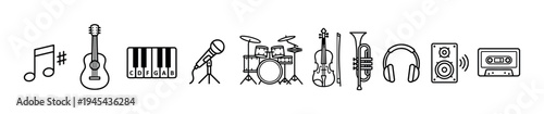 Collection of black line art music icons featuring various instruments and audio equipment like a guitar, piano, microphone, drums, violin, trumpet, headphones, and cassette