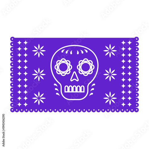 Papel picado banner displaying a decorative sugar skull and floral patterns, representing traditional mexican culture, day of the dead, and festive celebration