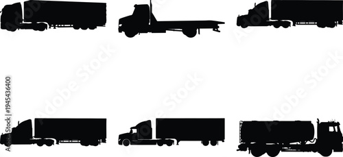 Set of diverse black silhouette semi-trailer trucks, featuring box trailers, flatbeds, and tankers, ideal for logistics and transport graphics.