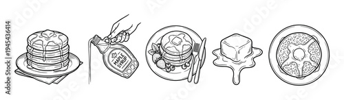 Set of five black and white breakfast food illustrations depicting pancakes with syrup, a bagel, and butter in a detailed hand-drawn vintage engraving style for a menu
