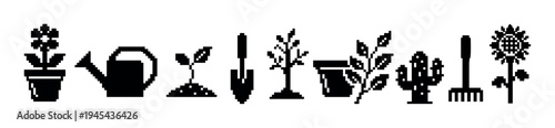 Set of black pixel art gardening icons featuring various plants, flowers, tools, and a watering can in a minimalist monochrome 8-bit style for digital design concepts