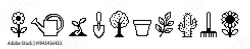 Set of black pixel art gardening icons featuring a flower, watering can, sprout, trowel, tree, pot, cactus, and rake in a minimalist retro 8-bit video game style