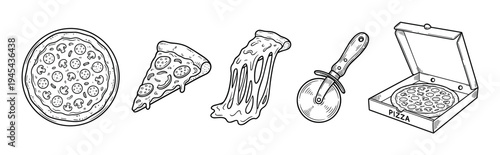 Hand-drawn pizza illustration set with various elements including a whole pie, a single slice, melted cheese, a cutter, and a delivery box in a black and white sketch style